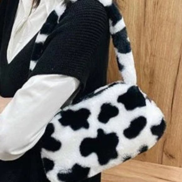 Cow Pattern Furry Underarm Bag Mini Plush Shoulder Handbags Purse Cow Fuzzy Bag - Picture 4 of 6